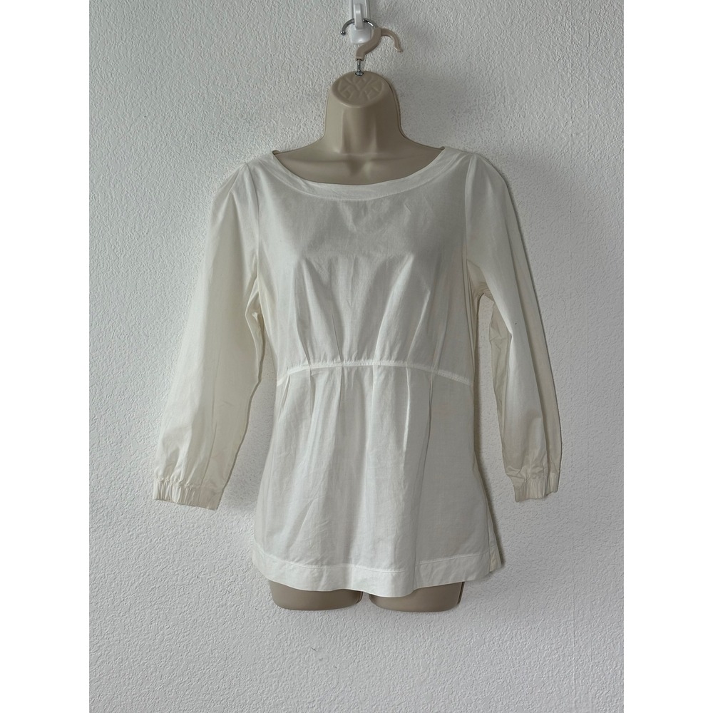 Vince Womens White Cotton Empire Waist Boat Neck 3/4 Sleeve Blouse Size M